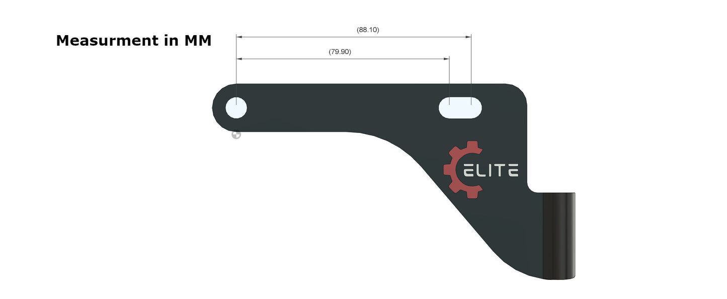 Black metal bracket with 'Elite' logo and measurements in millimeters on a white background