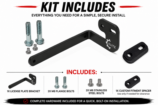 Honda ATV license plate bracket kit includes one bracket, two M8 flange bolts, two M6 stainless-steel bolts, and one custom fitment spacer; use spacer only if needed for clearance.