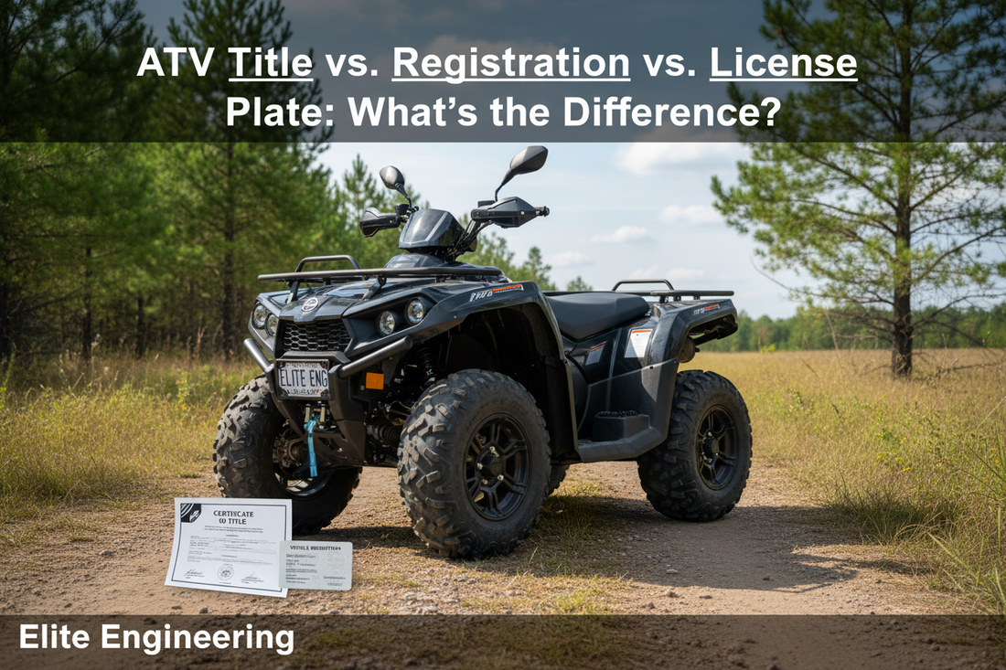 ATV with license plate parked near a trail with registration documents, representing ATV title, registration, and plate differences