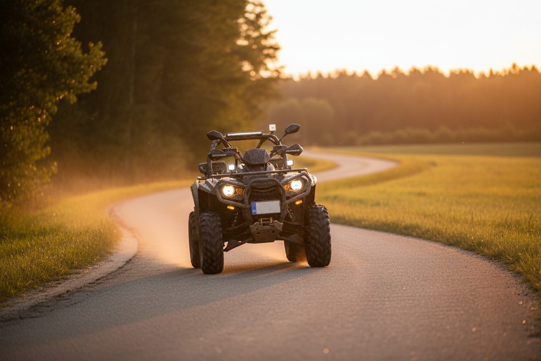 ATV with license plate, turn signals, and mirrors riding on a paved rural road at golden hour representing a street-legal ATV conversion