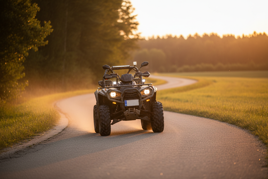 ATV with license plate, turn signals, and mirrors riding on a paved rural road at golden hour representing a street-legal ATV conversion