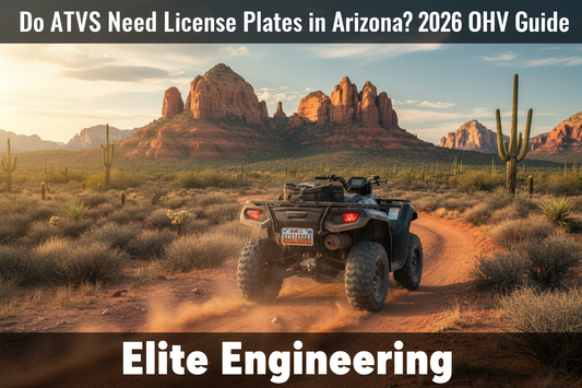 ATV with license plate riding on an Arizona desert trail with red rock formations and saguaro cacti in the background