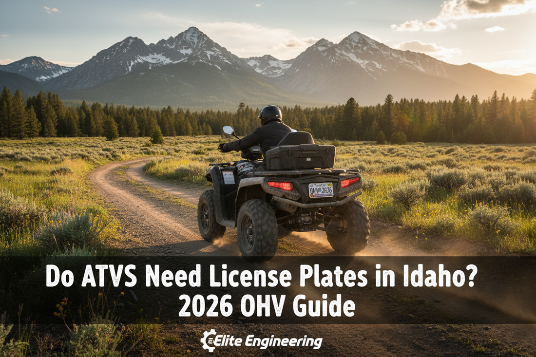 ATV with license plate riding on a scenic Idaho mountain trail with pine trees and mountains in the background