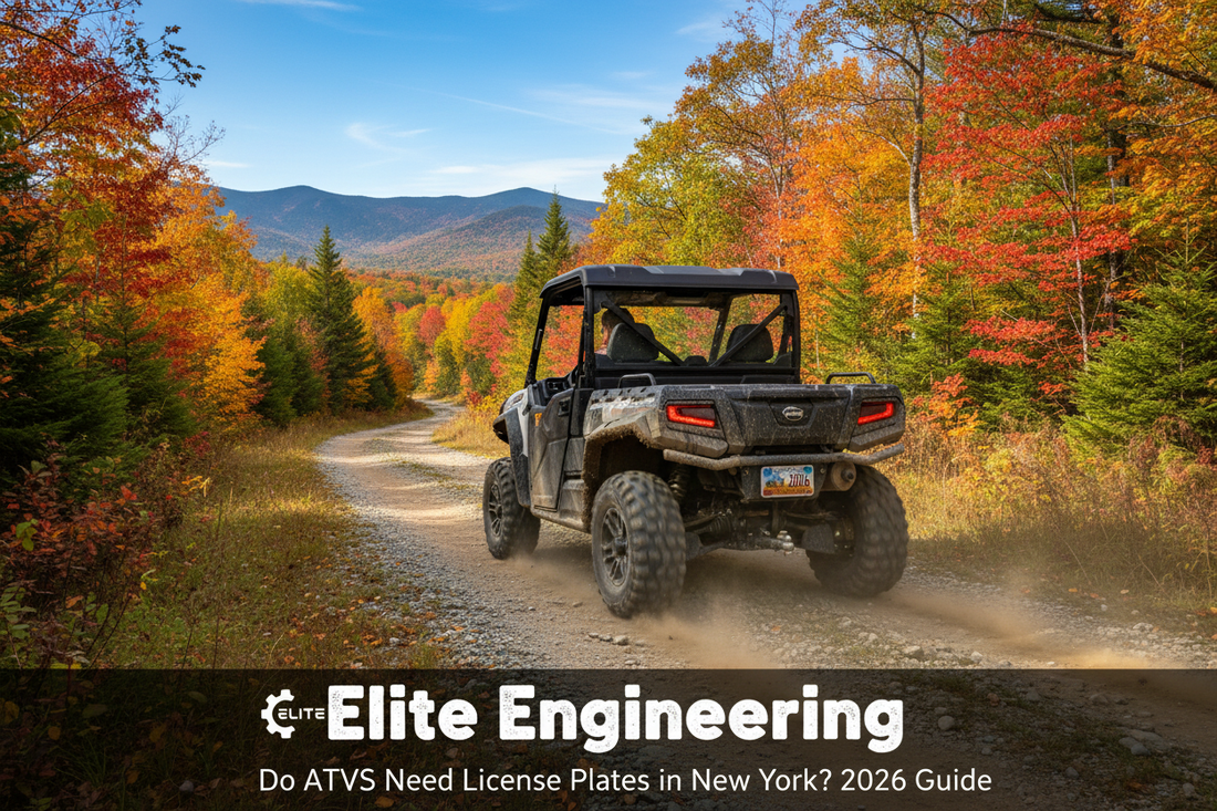 ATV with license plate riding on a scenic New York trail with Adirondack mountains and fall foliage in the background