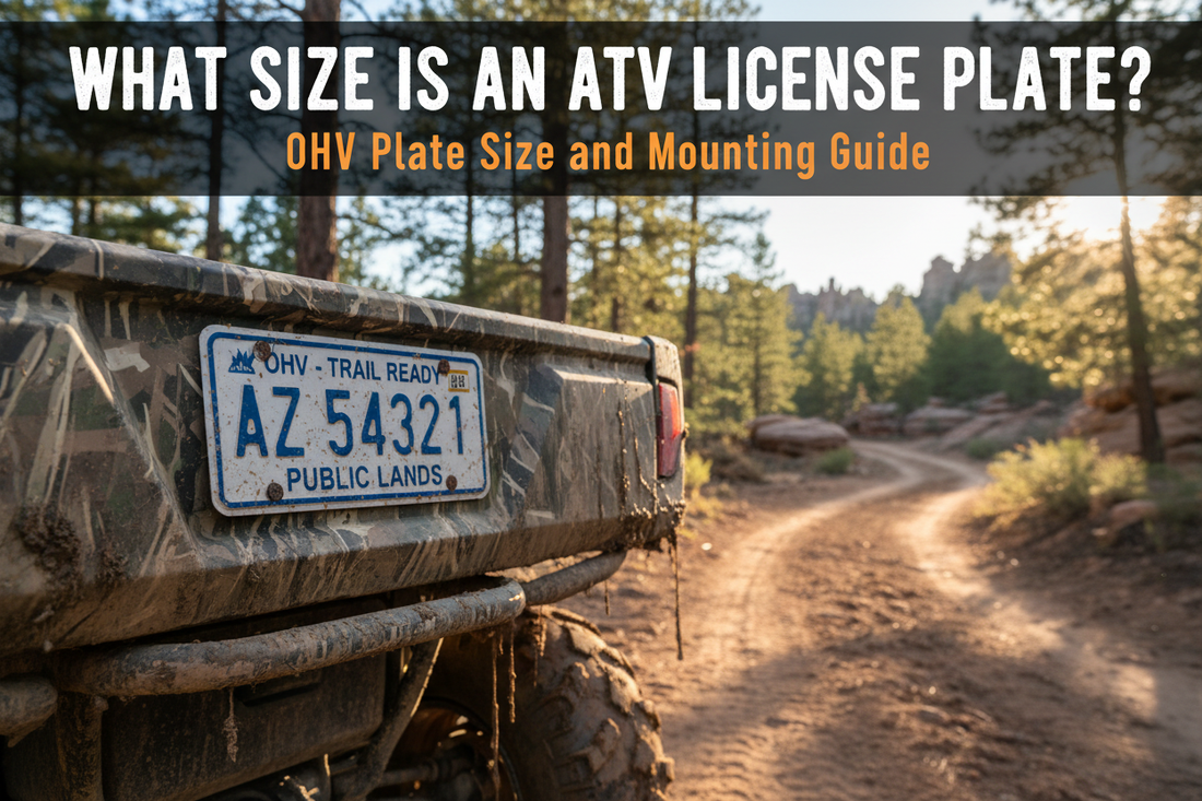 ATV license plate mounted on the rear of an off-road vehicle on a muddy trail