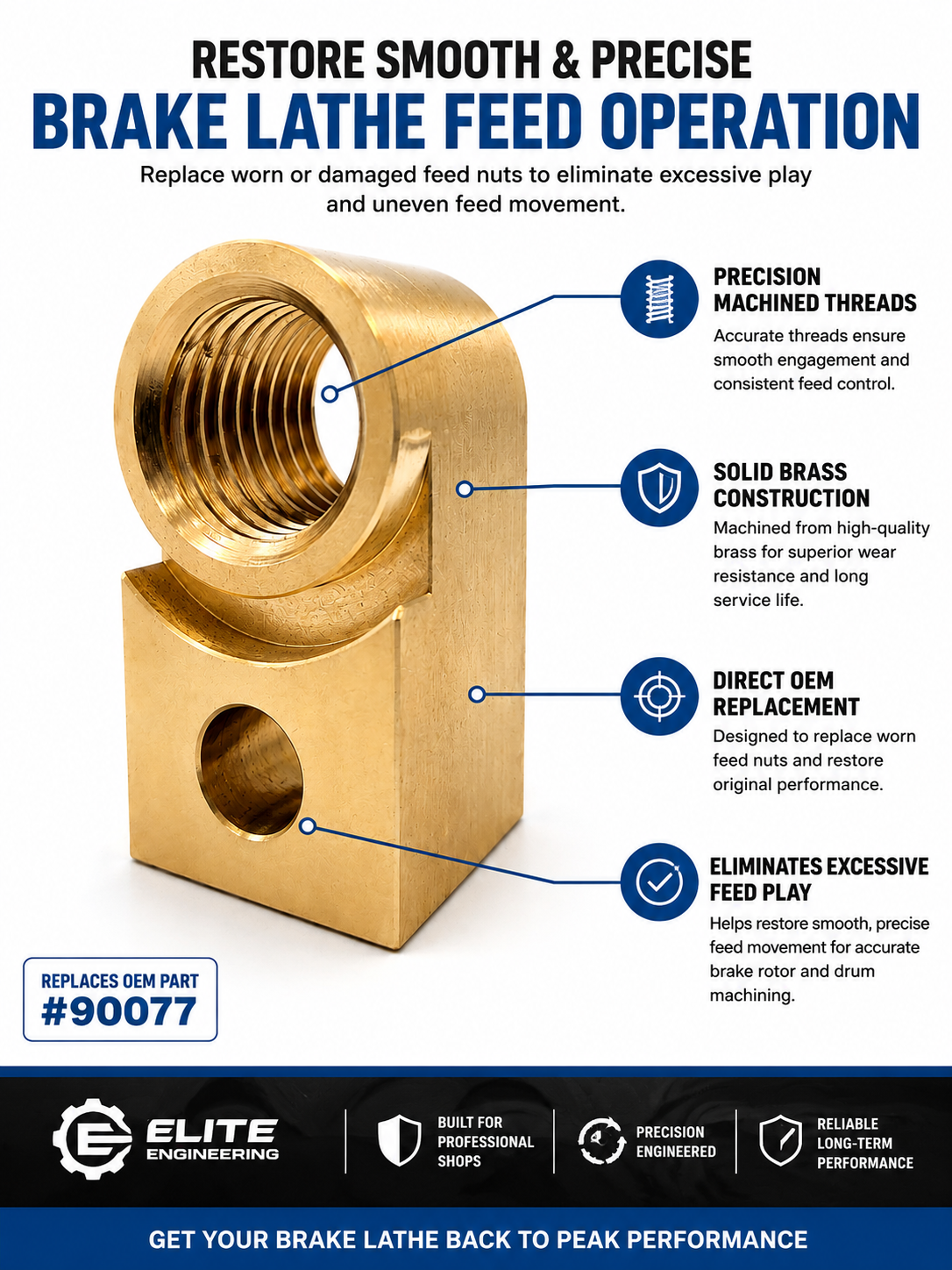 Brake Lathe Feed Nut Replacement – Snap-On/FMC/JBC – Replaces 90077 – Fits 6760 & 6780 Brake Lathes – Solid Brass – Elite Engineering