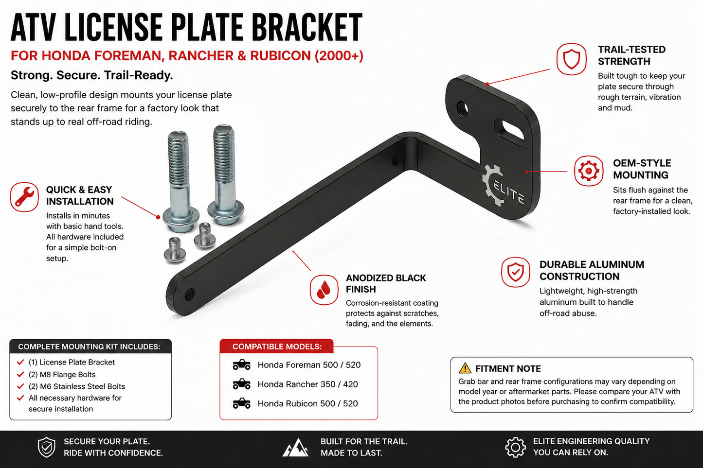 ATV License Plate Mount for Honda Foreman 500/520, Rancher 350/420 & Rubicon (2000+), Rear Frame 4x7 License Plate Bracket, Anodized Aluminum – Elite Engineering