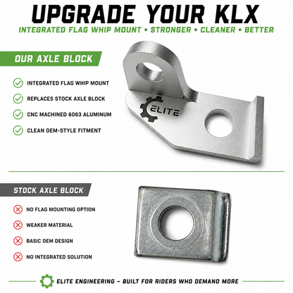 Elite Billet Aluminum Axle Block Flag Whip Mount for Kawasaki KLX140 / KLX230 / KLX300 – CNC Machined Bracket – Replaces Stock Axle Block – Trail & Dune Ready