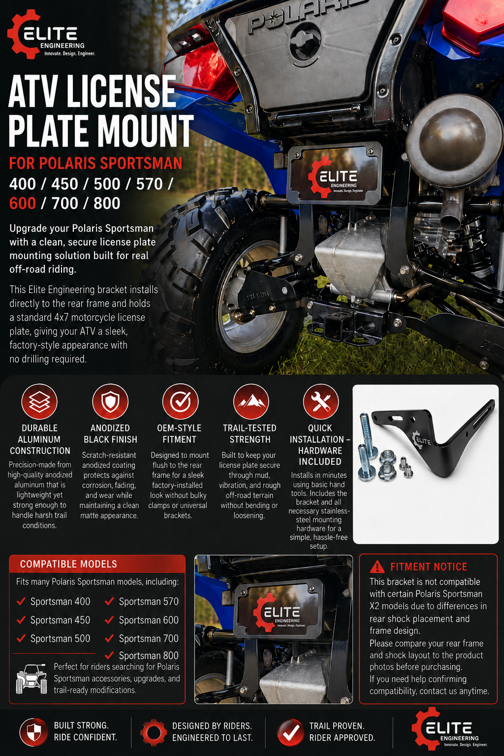 ATV License Plate Mount for Polaris Sportsman 400 / 450 / 500 / 570 /600 / 700 / 800 – Rear Frame 4x7 Plate Bracket – Anodized Aluminum