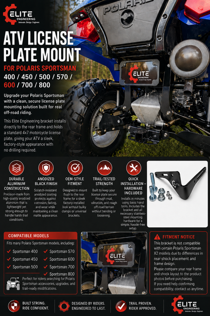 ATV License Plate Mount for Polaris Sportsman 400 / 450 / 500 / 570 /600 / 700 / 800 – Rear Frame 4x7 Plate Bracket – Anodized Aluminum