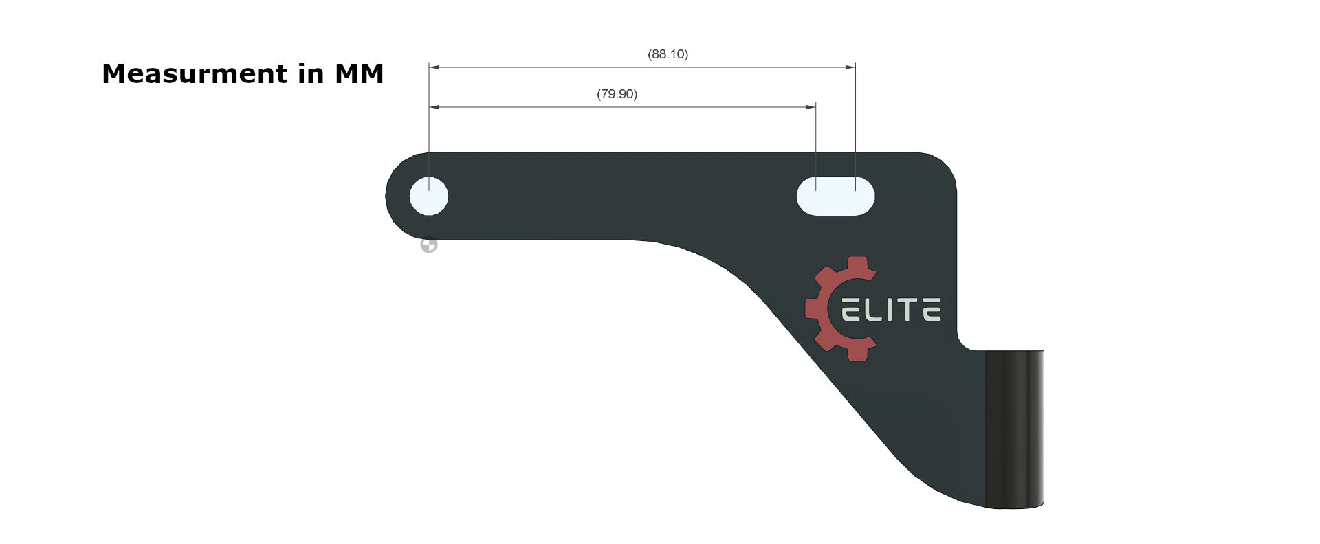 Black metal bracket with 'Elite' logo and measurements in millimeters on a white background