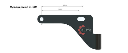 Black metal bracket with 'Elite' logo and measurements in millimeters on a white background