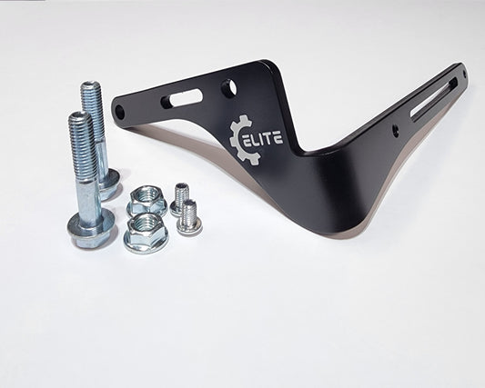 Black aluminum license plate mount bracket for Polaris Sportsman with a set of screws and hardware.