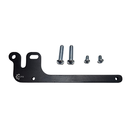 Black metal bracket with screws on a white background