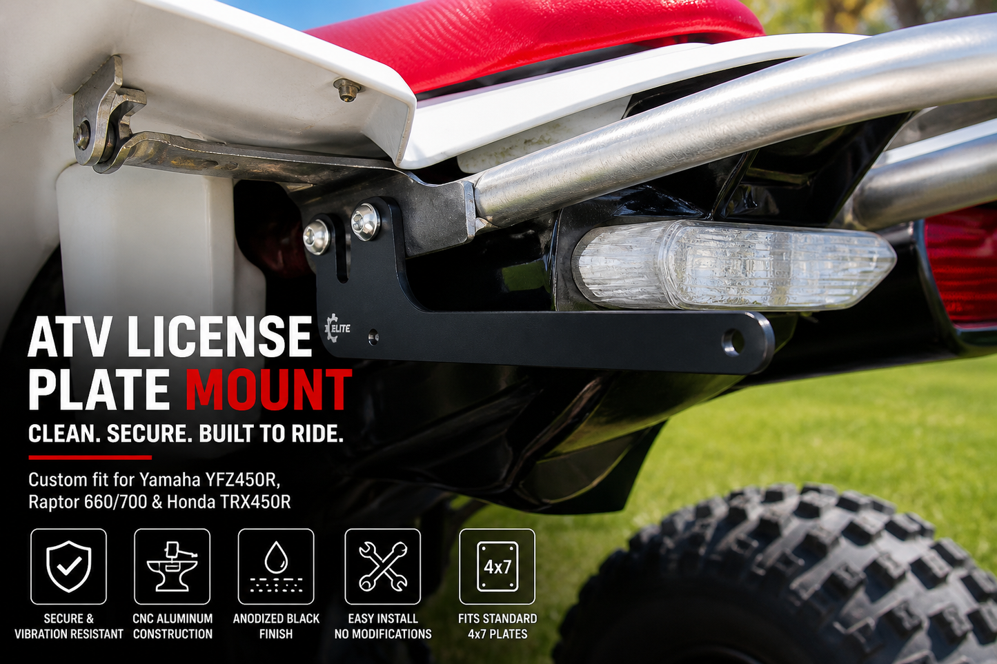ATV License Plate Mount for Yamaha YFZ450 / YFZ450R (2004–2026) & Raptor 660 / 700 (2001–2026), Rear Frame 4x7 License Plate Bracket, Anodized Aluminum – Elite Engineering