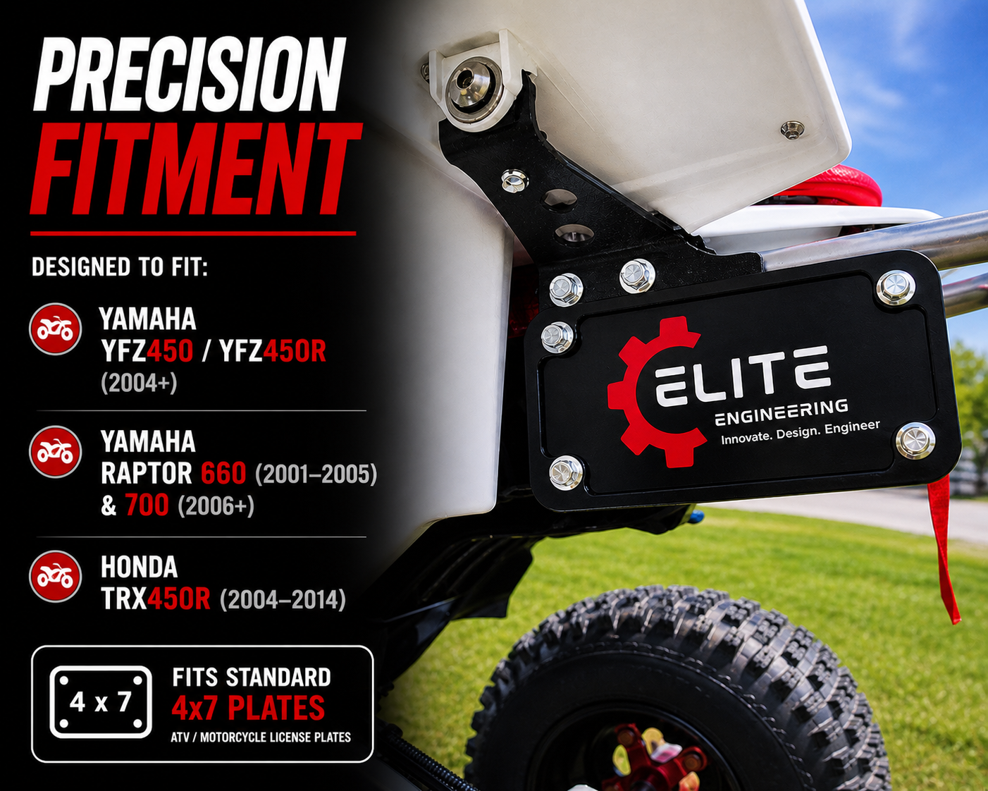 ATV License Plate Mount for Yamaha YFZ450 / YFZ450R (2004–2026) & Raptor 660 / 700 (2001–2026), Rear Frame 4x7 License Plate Bracket, Anodized Aluminum – Elite Engineering